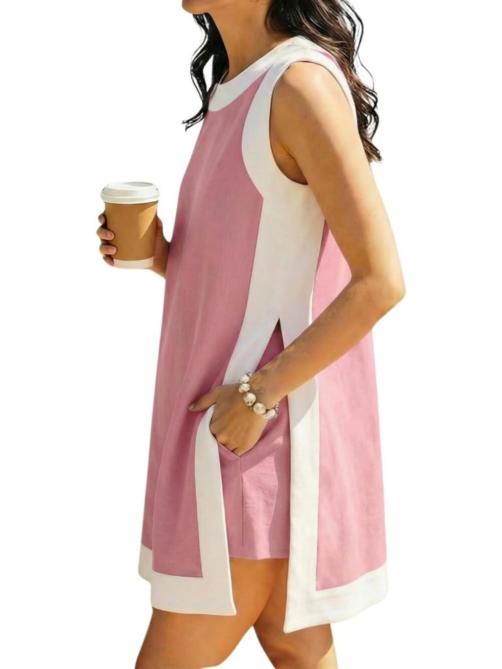 Casual Color Block 2-Piece Set: Short Sleeve Pullover Top & Pocketed Shorts